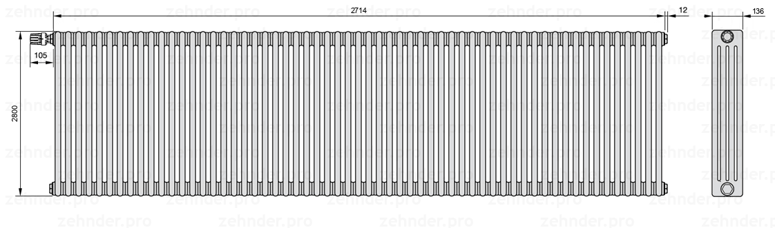 Схема (чертеж) Радиатор Zehnder Charleston 4280/59 №V012 Белый глянцевый RAL 9016